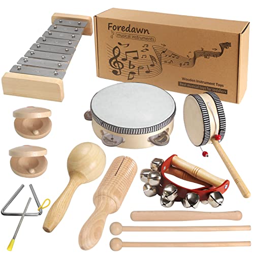 Nutural Holzspielzeug Musikinstrumente für Kleinkinder, Vorschulkinder, Percussion-Set mit Xylophon für 1, 2, 3, 4, 5 Jahre, ab 12 Monaten, Jungen und Mädchen, fördert frühzeitige Entwicklung, von Foredawn