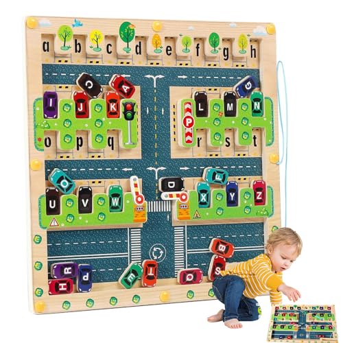 Magnetisches Alphabet Puzzle, Montessori Spielzeug ab 2 3 4 5 Jahr, Montessori Labyrinth Alphabet Parkplatz Holzspielzeug für Feinmotorik, Lernspiele Holzspielzeug Geschenke für Mädchen Jungen von Foreverup