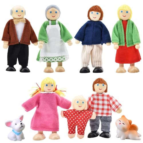 Foreverup Puppenhaus Puppen, Hölzerne Puppen Familie Set mit Katze und Hund, 7 Stück Puppenhaus Figuren für Kinder Spiel Haus Geschenk Holz Puppenhaus Zubehör Geschenk von Foreverup