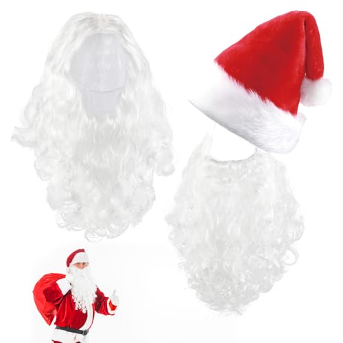 Foreverup 3 in 1 Weihnachtsmannbart + Perücke Weihnachtsmann + Weihnachtsmütze, Nikolaus Perücke, Santa Claus Bart, Weihnachtsmann Kostüm Wig zum Verkleiden als Nikolaus für Karneval Urlaub Party von Foreverup