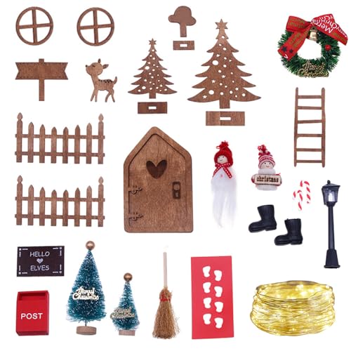 Wichteltür Zubehör 25pcs, Weihnachtswichtel Tür Set, Mini Wichtel Tür Mit Lichterketten,Weihnachten Holz Deko für Feentür,Weihnachtsbaum,Elche,DIY Geschenk für Kinder von Foreverup