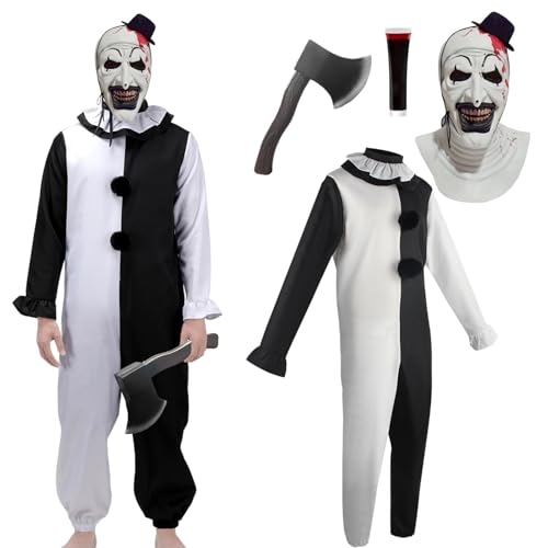 Forfamy Halloween Terrifier Clown Kostüm Erwachsene, Gruselige Killer Clown Kostüm Jumpsuit mit Horror Maske für Halloween Karneval Cosplay Kostüm (schwarz, 2XL) von Forfamy