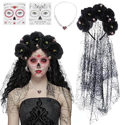 Forhandy Halloween Tag der Toten Haarreif mit Gesicht Tattoos & Halskette, Dia de Muertos Stirnband Rosen Totenkopf Kopfschmuck Haarband für Damen Halloween von Forhandy