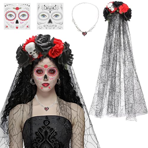 Forhandy Halloween Rosen Totenkopf Haarreif und Gesicht Tattoos, Dia de los Muertos Halloween Kostüm Damen Haarreif Totenkopf Rosen mit “Heart” Halskette für Halloween Karneval Kostüm Party von Forhandy