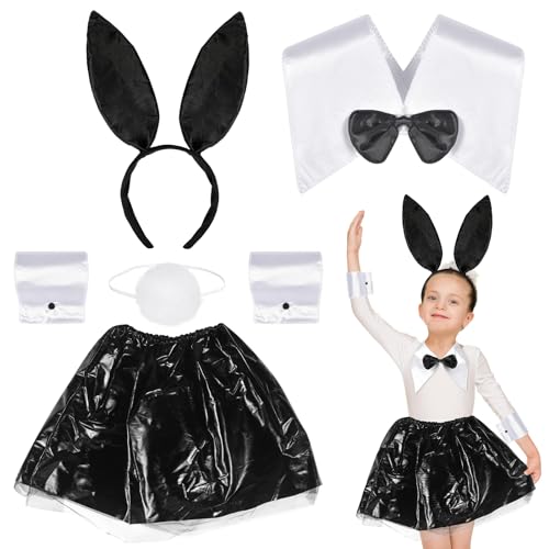 5-teiliges Kinder Hase Zubehör Kostüm Set,Karneval Kostüm Hase Kinder,Hasenohren Haarreif mit Fliege Manschetten Hasenschwanz schwarz weiß Tütü Mädchen Hasenkostüm für Fasching Karneval Party von Forhome