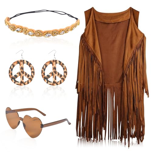 60er 70er Jahre Hippie Kostüm Damen Set mit Fransenweste Hippie Ohrringe Stirnband Accessoires, Kleidung Bekleidung Disco Outfit Faschingskostüm Mädchen Hippie kleidung Damen Hippie Kostüm Damen（XL) von Forhome