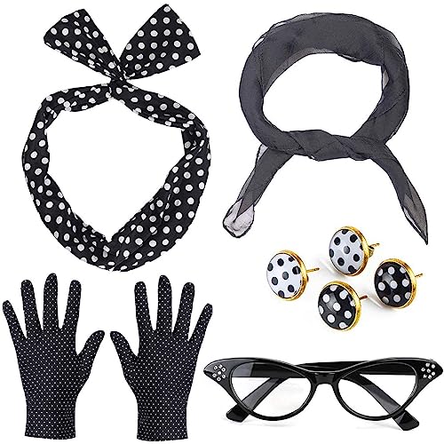 9 Stück Rockabilly Kostüm Zubehör, 50er Jahre Damen Kleid Zubehör, 1950er Jahre Kostüm Set, Retro Style, Polka Dot Stirnband Katzenaugen Brille, für 1950er Jahre Themen Party Retro Karneval Party von Forhome