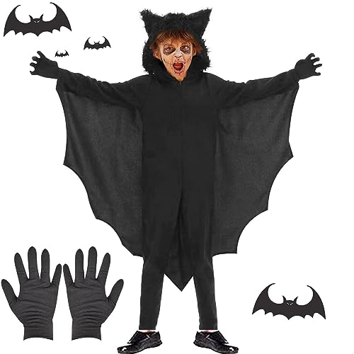 Fledermaus Kostüm Kinder, Karneval Fledermaus Umhang, mit Kapuze und Handschuh, Jungen Mädchen Vampir Kostüm, Kinder Faschingskostüme Schwarz für Halloween Fasching Karneval Verkleidung (L) von Forhome