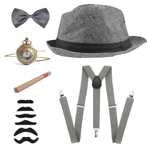 Forhome 1920s Jahre Herren Accessoires, Mafia Accessoires, 20er jahre zubehör herren, mit Gangster Hut Verstellbar Hosenträger Taschenuhr Fliege Krawatten Bärte, für Karneval Partys von Forhome