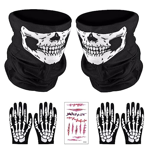 Forhome 2 Stück Schädel Maske Multifunktionstuch Balaclava mit 2 Paar Skelett Handschuhe + Tattoo-Aufkleber, Skelett handschuhe und Halloween scars tattoo aufkleber,für Motorrad,Halloween Party von Forhome