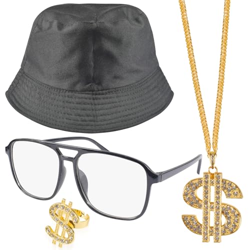 Forhome 4 Stück Hip Hop Kostüm Set, 80er/90er Rapper Accessoires, Bucket Hat, Goldkette, Sonnenbrille, Goldring, Para Adult 80er Party Theme Dekor, Hombres y Mujeres von Forhome