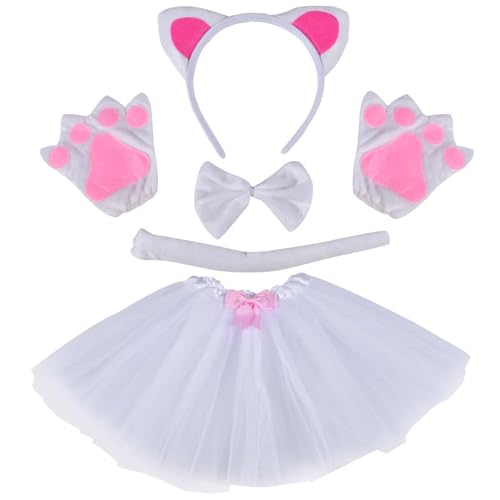 Forhome 4 Stück Katzen Kostüm Set, Katze Cosplay Kostüm Zubehör, Tier Verkleiden Set, Kinder Katzenohren Stirnband, Schwanz, Tutu, Schleife, Katze Cosplay Kostüm für Karneval Party, Party-Rollenspiel von Forhome