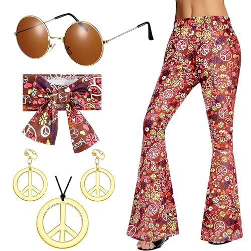 Forhome 60er 70er Jahre Hippie Kostüm Damen Set mit Schlaghose Damen Disco Hosen Set Hippie kleidung Damen Mädchen Faschingskostüm Disco-Kostüm-Outfit Retro Schlaghose Boho Schlaghose für Karneval von Forhome