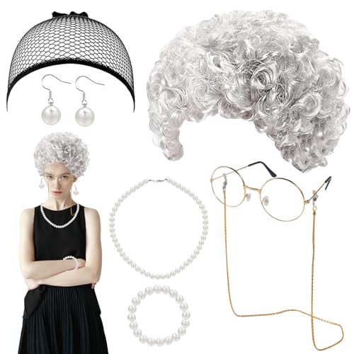 Forhome 7 Stück Oma Perücke Kostüm Accessoire Set, Silber Graue Perücke, Perücke Kappe, Oma Brille mit Kette, Perlenkette Ohrringe Armband, Old Lady Kostüm für Fasching Karneval Cosplay Damen Mädchen von Forhome