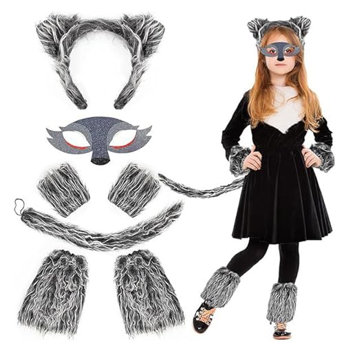 Forhome 7 Stück Wolf Kostüm Set, Wolf Cosplay Kostüm Zubehör, Tier Verkleiden Set, Kinder Wolf Maske Werwolf Haarreifen mit Pfoten, Wolf Cosplay Kostüm für Karneval, Fasching, Party Rollenspiel von Forhome