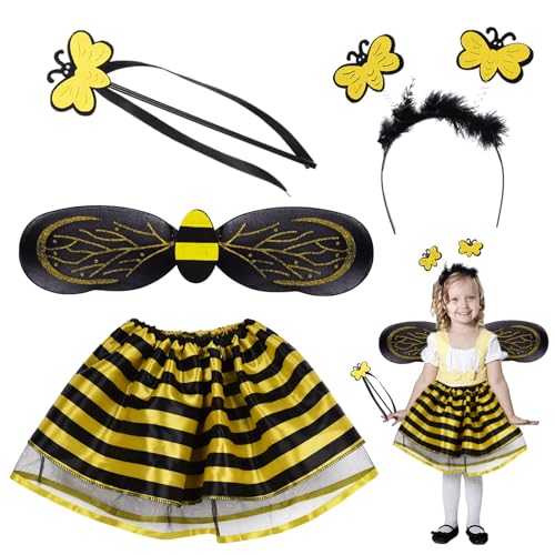 Forhome Bienenkostüm Kinder Bienenkostüm Kostüm Mädchen 4-Teiliges Bienen Kostüm Set Mit Tüllrock Flügel Zauberstab Und Haarreif Perfekt Für Karneval Halloween Bienenkönigin Kostüm von Forhome