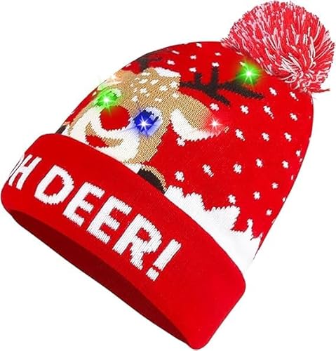 Forhome Christmas Beanie LED,LED Mütze Weihnachtsmützen,LED Weihnachtsmütze,LED Leuchten Strickmütze Weihnachten,Es gibt 3 Arten von leuchtenden Modi Weihnachtsmützen aus Fleece (Christmas Hat Deer) von Forhome