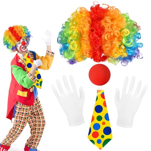 Forhome Clown Kostüm Accessoire, Clown Kostüm Set, Clownsnasen Rot+Clown Krawatte+Clown Perücke+Handschuhe, Geeignet für Ostern, Arty Event, Karnevals Kostüm Cosplay von Forhome