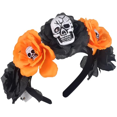 Forhome Halloween-Blumen-Stirnband, Damen-Halloween-Stirnband, Blumenkrone mit orangefarbenen Rosen und Totenkopf-Dekorationen für Halloween-Partys, Kostümpartys, Cosplay-Partys, Karneval von Forhome