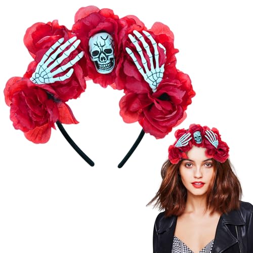 Halloween-Blumen-Stirnband, Damen-Halloween-Stirnband, Blumenkrone mit roten Rosen und Totenkopf-Dekorationen für Halloween-Partys, Kostümpartys, Cosplay-Partys, Karneval von Forhome