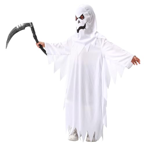 Forhome Halloween Geister Kostüm, Gespenster Kostüm Kinder Geist Umhang mit Sichel, Süßes oder Saures Kostüm, Halloweenkostüm Kinderkostüme für Karneval Fasching Cosplay (L) von Forhome