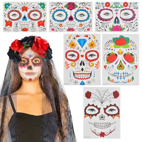 Forhome Halloween Kopfschmuck Halloween Tag der Toten Haarreif mit Blumen Mexikanische Stirnband Rosen Haarreif Halloween Schleier Haarband mit Temporäre Gesicht Tattoos (Schwarz Rot B) von Forhome