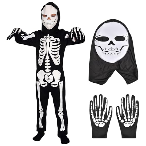 Forhome Halloween Skelett Kostüm Kinder, Kinder Skelett Kostüm, Skeleton, Mit Kostüm, Handschuhen und Maske, für Halloween, Karneval und Mottopartys (L) von Forhome