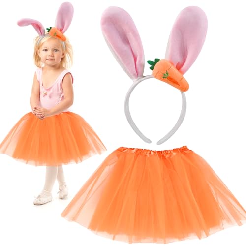 Forhome Hase Kostüm Tüllrock mit Hasenohren Haarreif 3-8 Jahre, 30cm Oranges Tütü Mädchen, Hasenkostüm Kinder, für Ostern Fasching Karneval von Forhome