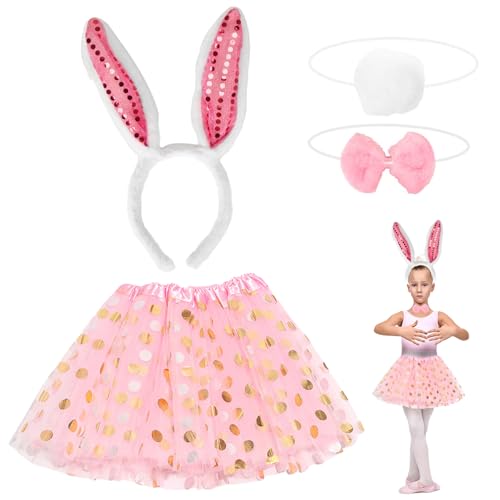 Forhome Hasen Kostüm Set, Kinder Hasenohren Stirnband Rosa Tutu mit Hasenohren Schleife Schwanz, Children's Häschen Costume Kit, Hasen Cosplay Costume for Karneval Costume Party Role Play von Forhome