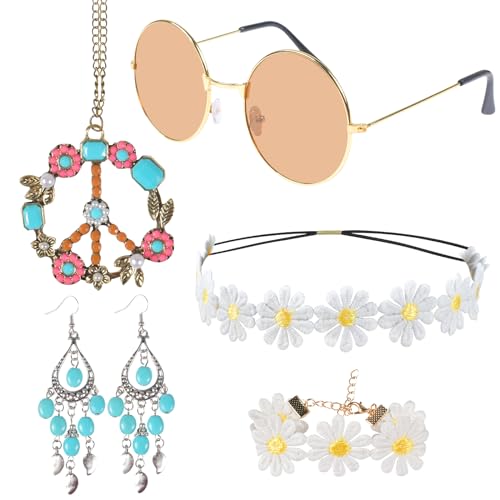 Forhome Hippie Accessoires 5 Stück Hippie Kleidung Damen Herren Accessoires Boho Hippie Kostüm 60er Friedenszeichen Halskette Und Ohrring Für Kinder Erwachsene Hippie Retro Party(Böhmen Stil) von Forhome