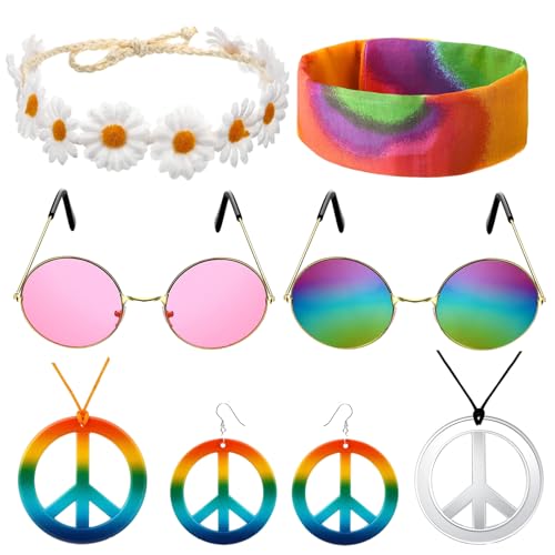 Forhome Hippie Accessoires 7 Stücke Hippie Kostüm Set Hippie Accessoires Hippie Accessoires Damen 70er Jahre Accessoires Hippie Set Für Kinder Erwachsene Hippie Retro Party (a) von Forhome