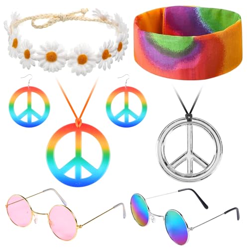 Forhome Hippie Kostüm Set, 8 Hippie Kostüm Accessoires, Friedenszeichen Halskette Ohrringe, Retro Hippie Sonnenbrille,Buntes Hippie Stirnband,Sonnenblume Krone Haarband (Colours) von Forhome