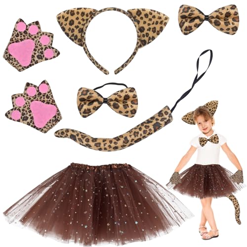 Forhome Leopard Kostüm Set Leoparden Kostüm Kinder Mädchen Gepard 6 Stück Acc Set Für Kinder Mit Leopard Haarreif Fliege Schwanz Pfoten Handschuhe Rock Für Halloween Cosplay Party Leistung von Forhome