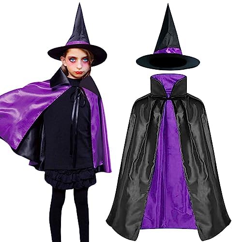 Forhome Lila Umhang Schwarzer Umhang Unisex Wendeumhang Hexenumhang Umhangset Zauberhut Hexenhut Halloween Set Kind Halloween Kostüm Kind Umhang Hexenhut Kind von Forhome