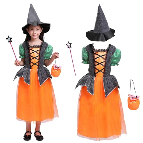 Forhome Mädchen Hexenkostüm, Hexenkostüm Kinder Mädchen, mit hexenhut und Sammeltasche, für Kinder Halloween Karneval Fasching Mottoparty (L) von Forhome