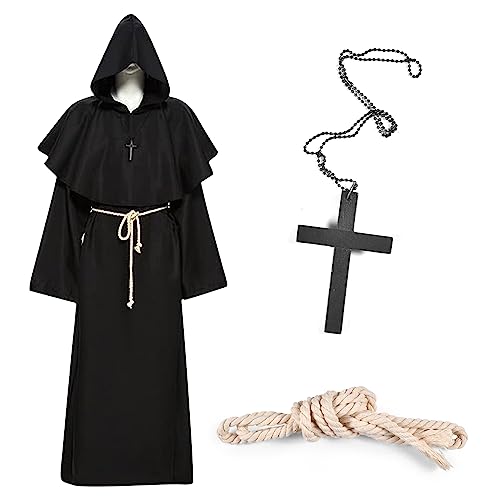 Forhome Priesterkostüm Mönchskostüm Herren mit Kapuze, Mittelalterliche Renaissance Robe, Halloween Mönchskutte, Priesterkostüm Herren für Themenparty, Halloween, Karneval (L) von Forhome