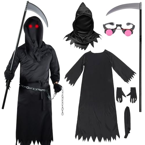 Forhome Reaper Kostüm mit Kapuze, leuchtende Augen, Halloween Kostüm Set, Reaper Robe von Forhome