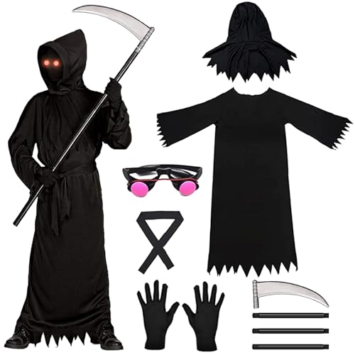 Forhome Sensenmann Kostüm Kinder mit Sense, Schwarz Halloween Kostüm Sensenmann Jungen, Halloween Kostüm Sensenmann für Kinder Halloween Party Karnevals Cosplay von Forhome