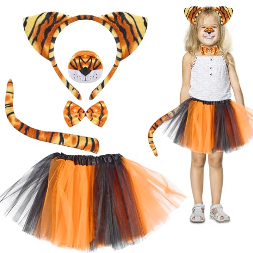 Tiger Kostüm Kinder,5 Stück Tierkostüm-Set, Tiger Ohr Stirnband Schwanz Nase Fliege Tutu Rock Set, Kinder Tiger Stirnband für Kinder Karneval Cosplay Party von Forhome