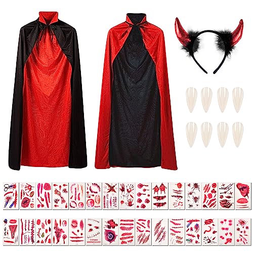 Forhome Vampir Kostüm, Halloween Umhang, Schwarz Rot Doppelseitiger Umhang, Vampir Cape, Kinder Erwachsene Halloween Kostüm Mantel 140 cm mit 30 temporären Tattoos, Gebiss, Teufelshörnern (B) von Forhome