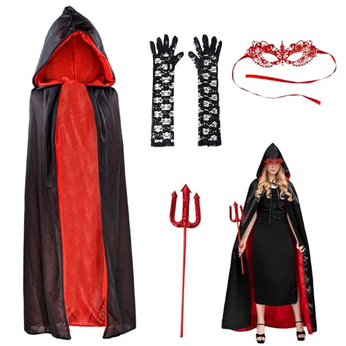 Forhome Vampir Kostüm Vampir umhang Damen mit doppelseitigem Umhang mit Kapuze, Karneval, Mottoparty, HalloweenSchwarz Rot von Forhome