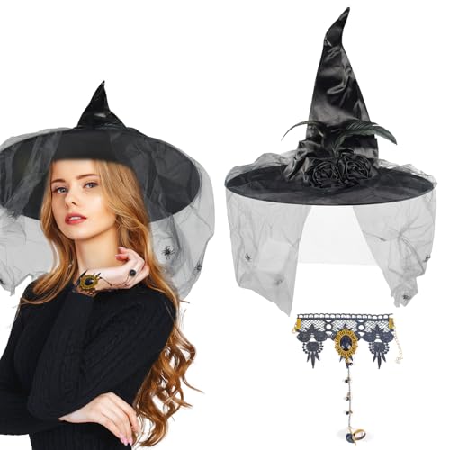 Halloween Hexenhut Damen und Gotisch Armbänder Spinne Hexenhut Spitzmütze Schwarz Partei Hexenhut Witch Hat mit Armband Hexe Hut Kostüm set für Erwachsene Kinder Halloween Cosplay Maskerade Zubehör von Forhome