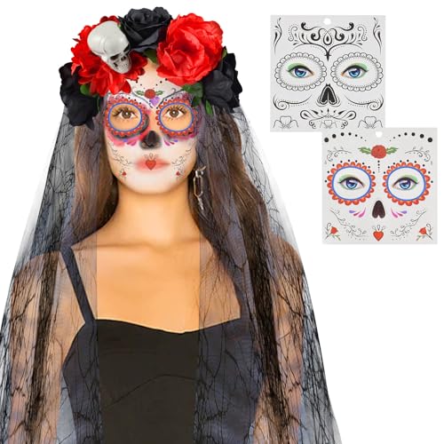 Forhome Halloween Kopfschmuck Halloween Tag der Toten Haarreif mit Blumen Mexikanische Stirnband Rosen Haarreif Halloween Schleier Haarband mit Temporäre Gesicht Tattoos (Schwarz Rot A) von Forhome