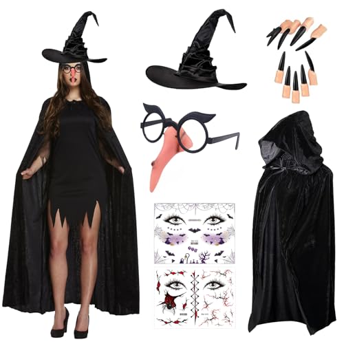 Halloween Kostüm 7PCS Halloween Hexenkostüm Damen Set Halloween Hexenumhang mit Halloween Hexenhut Hexe Umhang Accessoires Halloween Damen Party Zubehör für Mottoparty Cosplay,Karneval,Halloween von Forhome