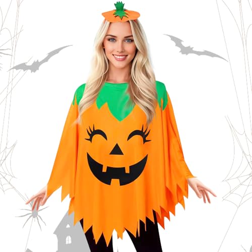 Halloween Kostüm Halloween Kürbis Skelett Spinne Kostüm Orange Weiß Poncho Cape Umhang Kostüm Skelettkostüm Damen Halloween Kostüm Kleid Halloween Kostüm Set für Karneval Party Dress Up (Orange) von Forhome