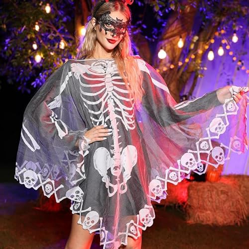 Halloween Kostüm Halloween Kürbis Skelett Spinne Kostüm Orange Weiß Poncho Cape Umhang Kostüm Skelettkostüm Damen Halloween Kostüm Kleid Halloween Kostüm Set für Karneval Party Dress Up (Weiß) von Forhome