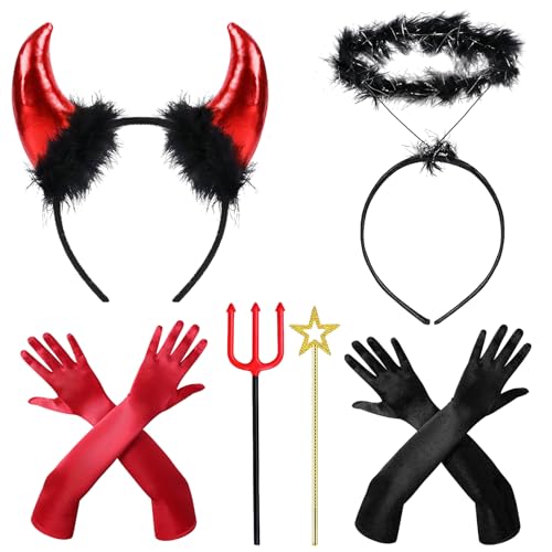 Halloween Kostüm Teufel, Teufel Accessoires Damen, Teufel Kostüm für Damen Mädchen, Teufel Haarreifen Teufelshörner Handschuhe Teufelheugabel Zauberstab für Karneval Fasching Halloween von Forhome