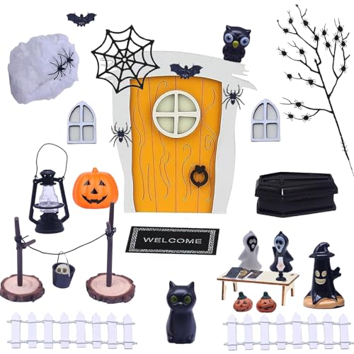 Halloween Puppenhaus Dekoration 36 Stück Halloween Miniatur Wichtel Set Miniatur Puppenhaus Zubehör Miniatur Halloween Deko Mini Spinne Fledermäuse Geist Elfentor für Halloween Dekoration von Forhome