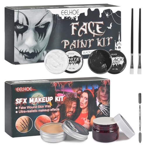 Halloween Schminke Set, Halloween Gesichts Make Up Kinderschminke Gesichtsfarbe Schwarz Weiß Fake Blood Narbenwachs mit Makeup Pinsel Körperfarben für Halloween DIY Cosplay Fasching von Forhome