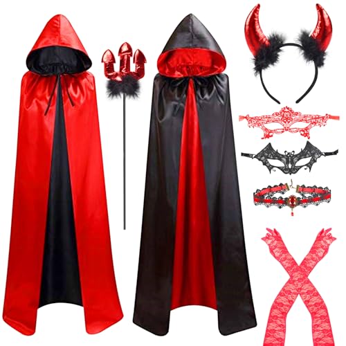 Halloween Teufel Kostüm Damen 7PCS Teufelshörner Kostüm Set Halloween Teufel Umhang mit Haarband Halloween Devil Horn Kostüm Halloween Damen Party Zubehör für Mottoparty Cosplay,Karneval,Halloween von Forhome